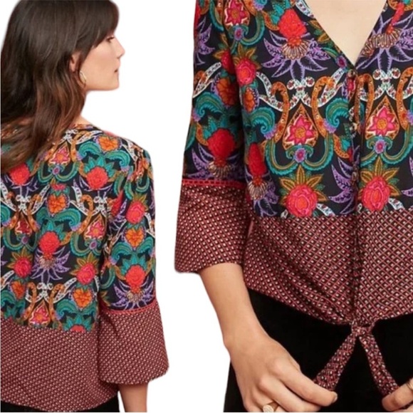Anthropologie Maeve Carter Flutter Sleeve Mix Print Tie Front Button Down Top - Picture 2 of 12